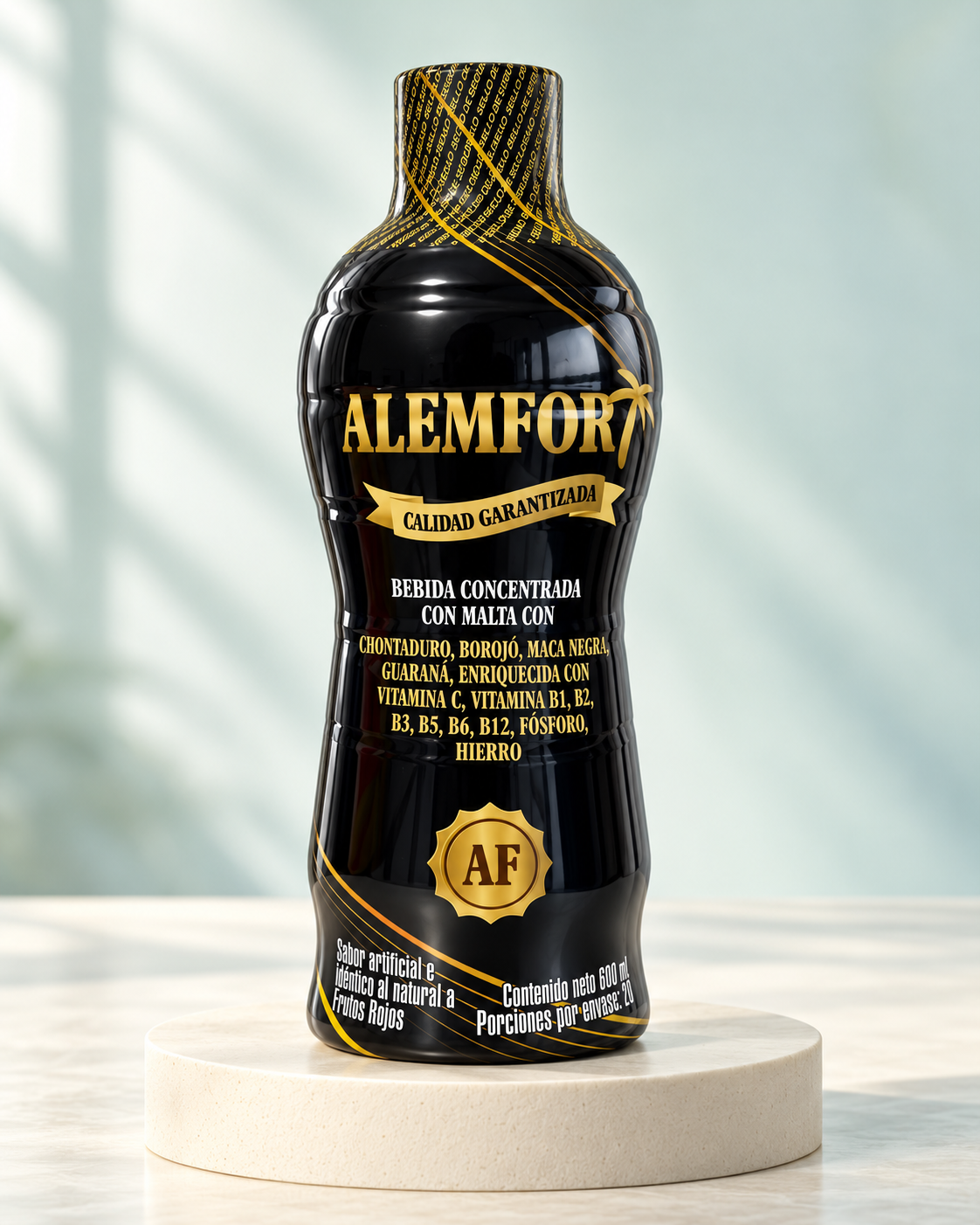 Representación de ALEMFOR de 600 ml en un estudio de tonos verdes y marfil, creada con IA a partir de fotografías del producto